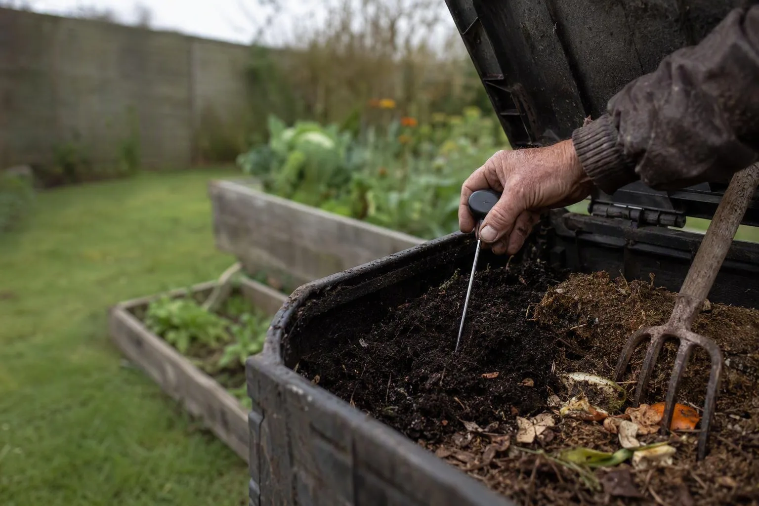 A hand probes the cool centre of a garden compost pile beside its drier outer layer.