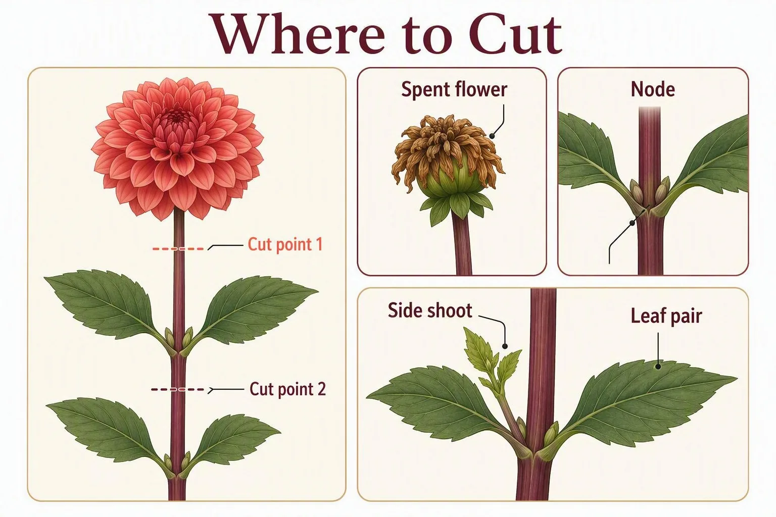 Infographic labels a dahlia stem’s flower, node, side shoot, leaf pair, and two possible cut points.