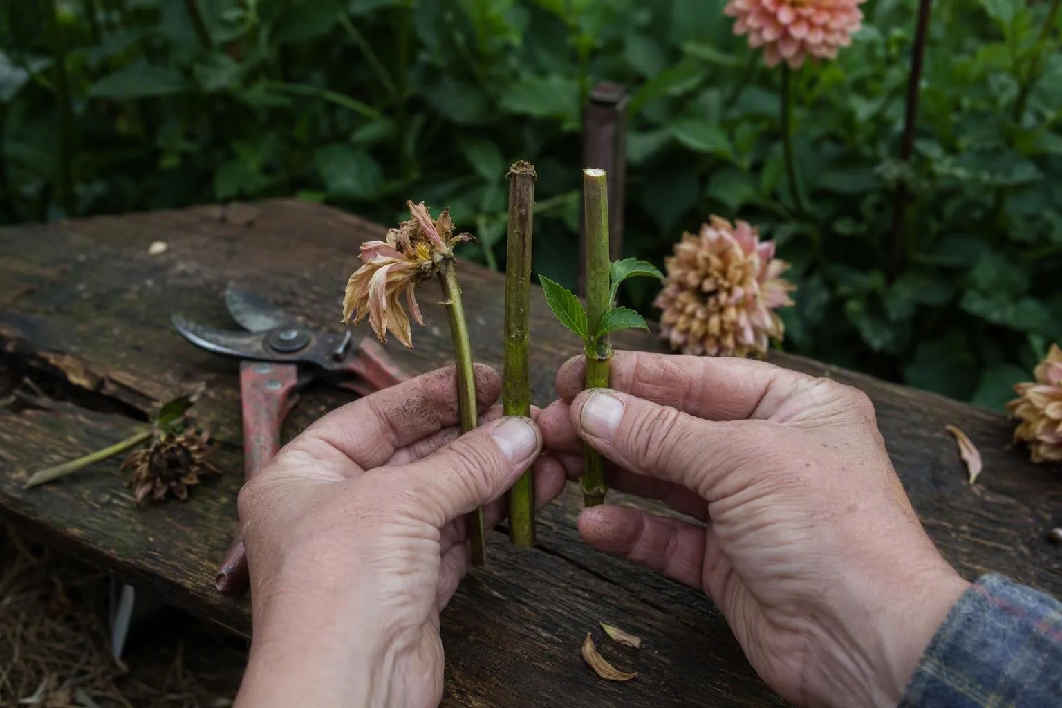 A gardener compares three cuts on spent dahlia stems, highlighting the clean cut above healthy growth.