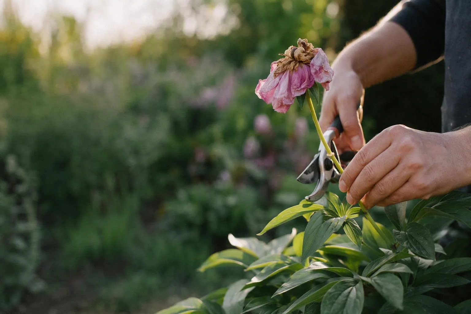 Hands cut a spent peony stem above healthy leaves, showing exactly where to stop pruning.