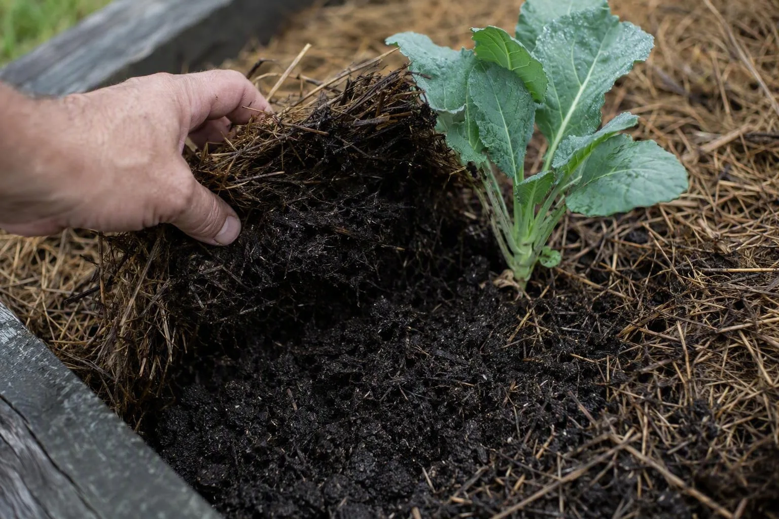 A hand lifts soggy mulch from a plant crown, revealing why the layer needs to stay loose and clear of the stem.