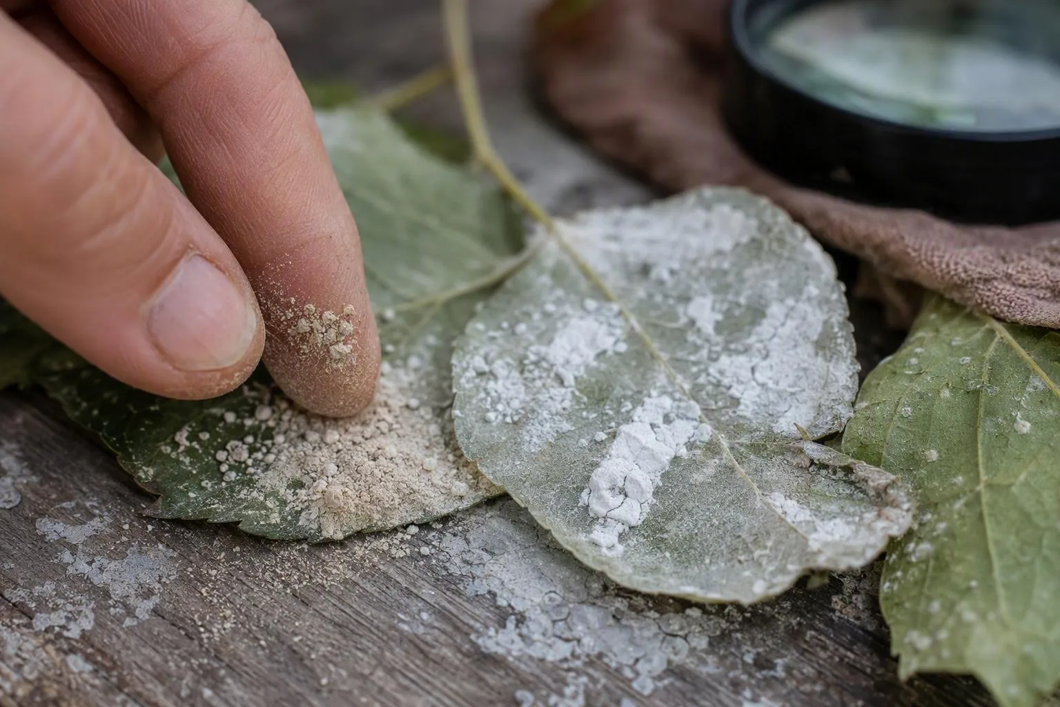 A leaf shows clinging fungal patches beside loose dust and a pale mineral crust for comparison.