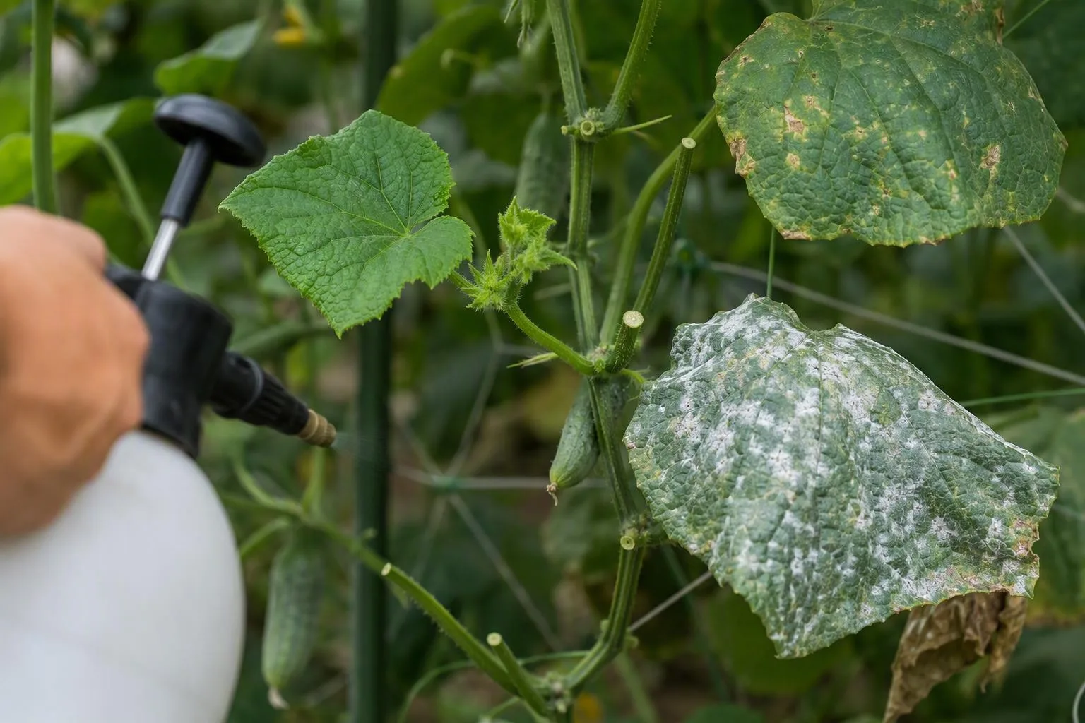 Cucumber vine with clean new growth separated from leaves covered in powdery mildew after selective removal.