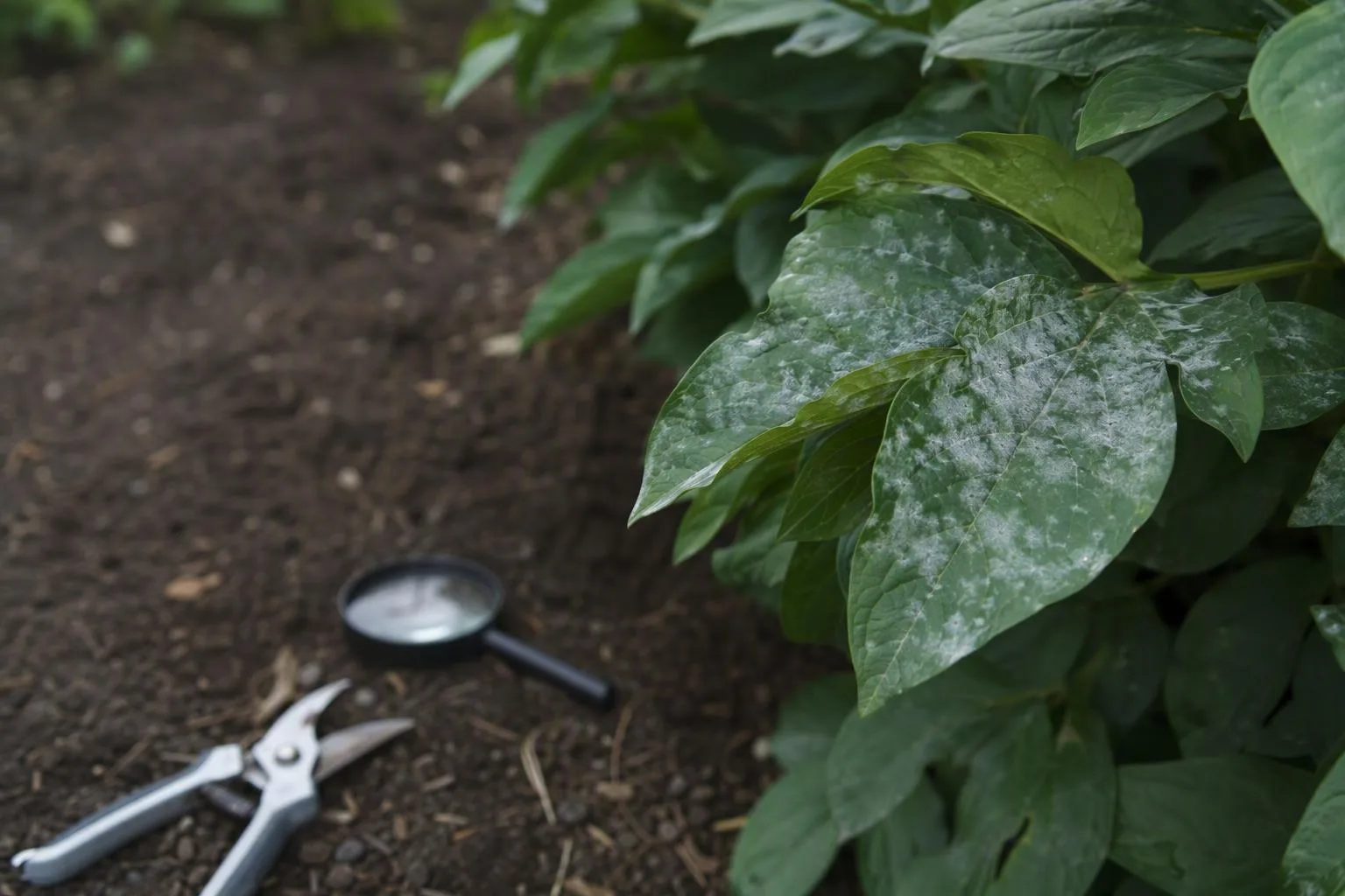 A white-coated peony leaf rises above crowded foliage beside a hand lens and pruners.