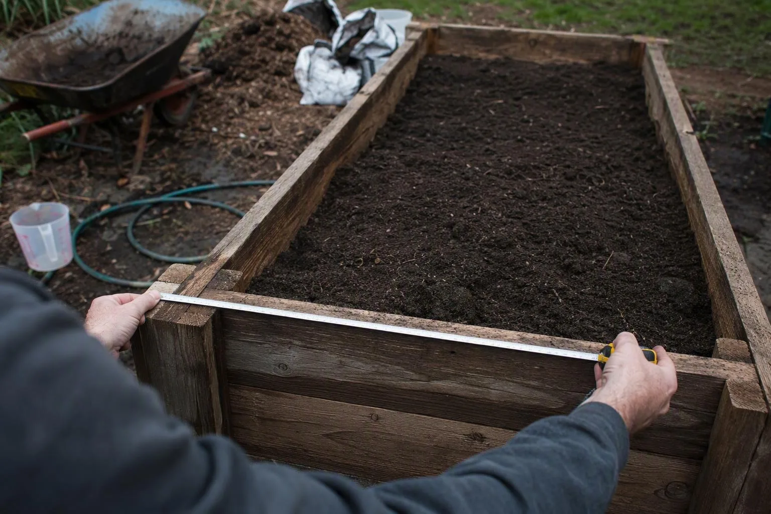 Hands measure the width of a timber growing bed beside supplies used to calculate its installation cost.