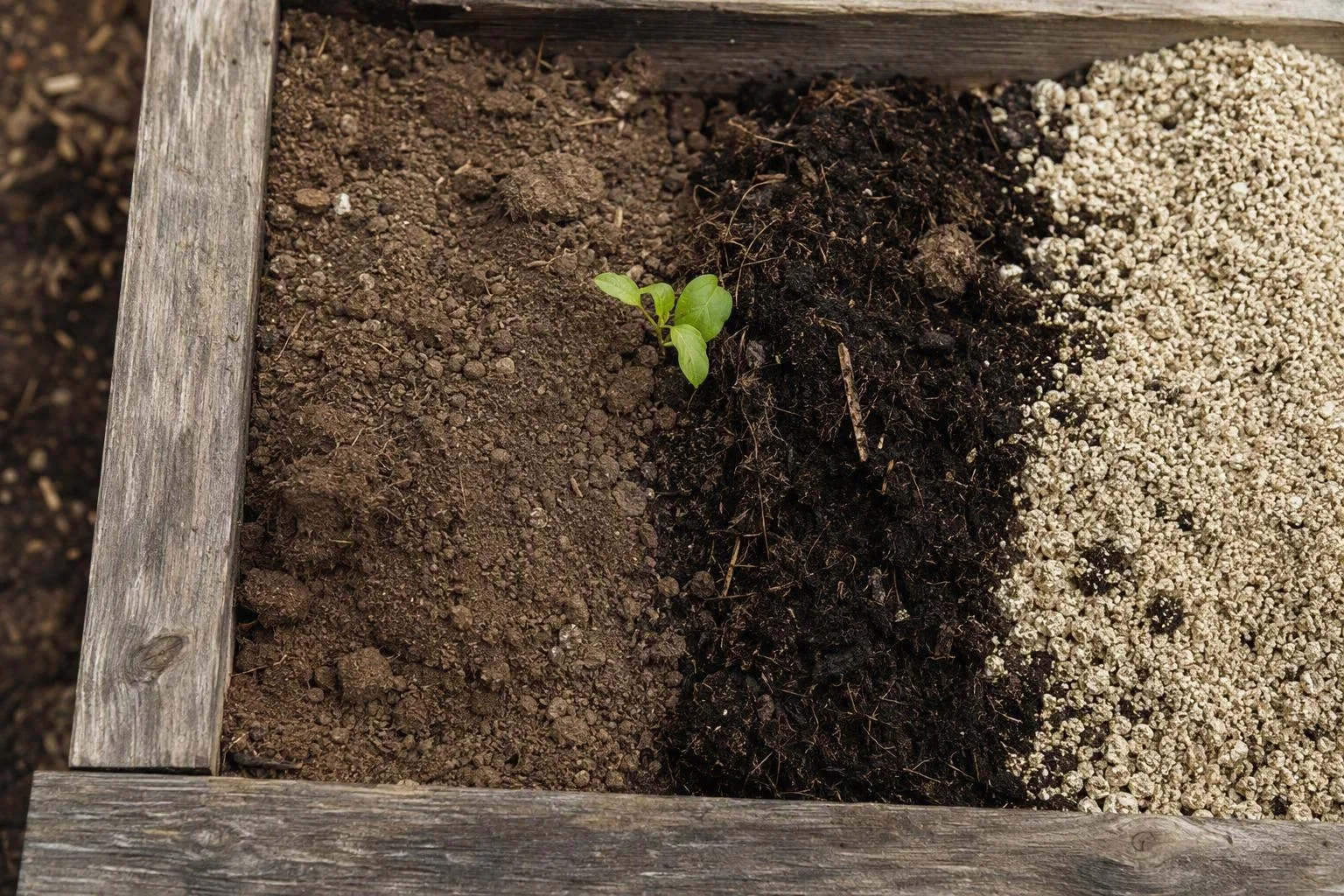 Three equal soil ingredients sit separately in a wooden raised bed beside a small seedling, ready to be mixed.