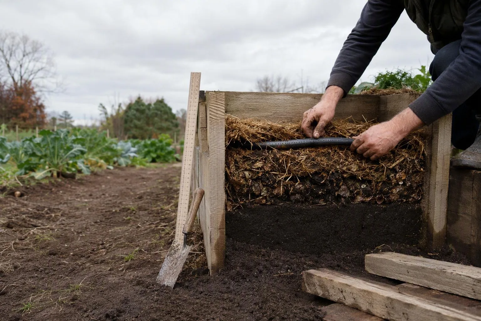 Open-bottom raised bed with mulch, irrigation hose, and layered soil beside hand tools in a working vegetable plot.