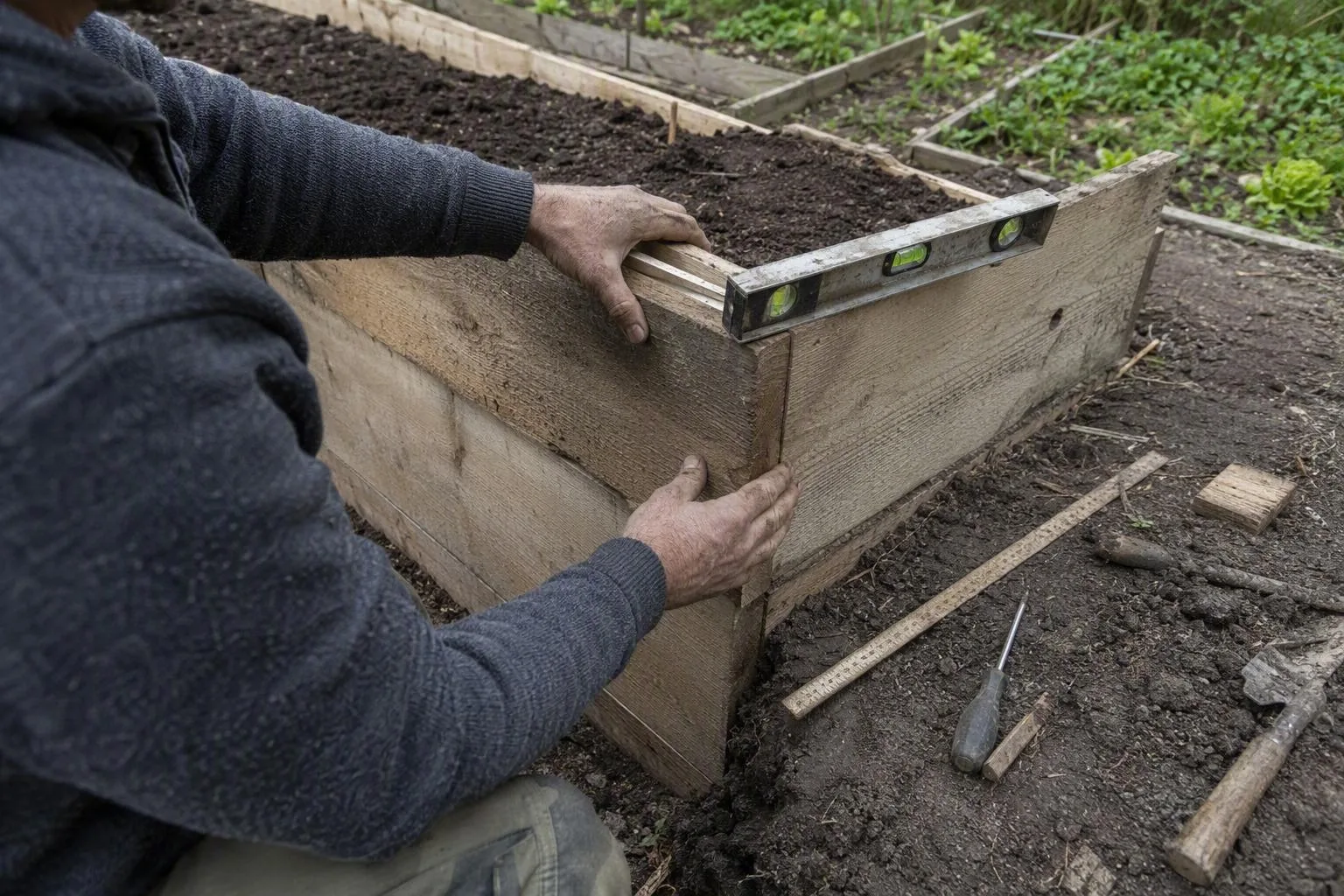 Hands check a raised bed corner with a spirit level before the frame is filled with soil.