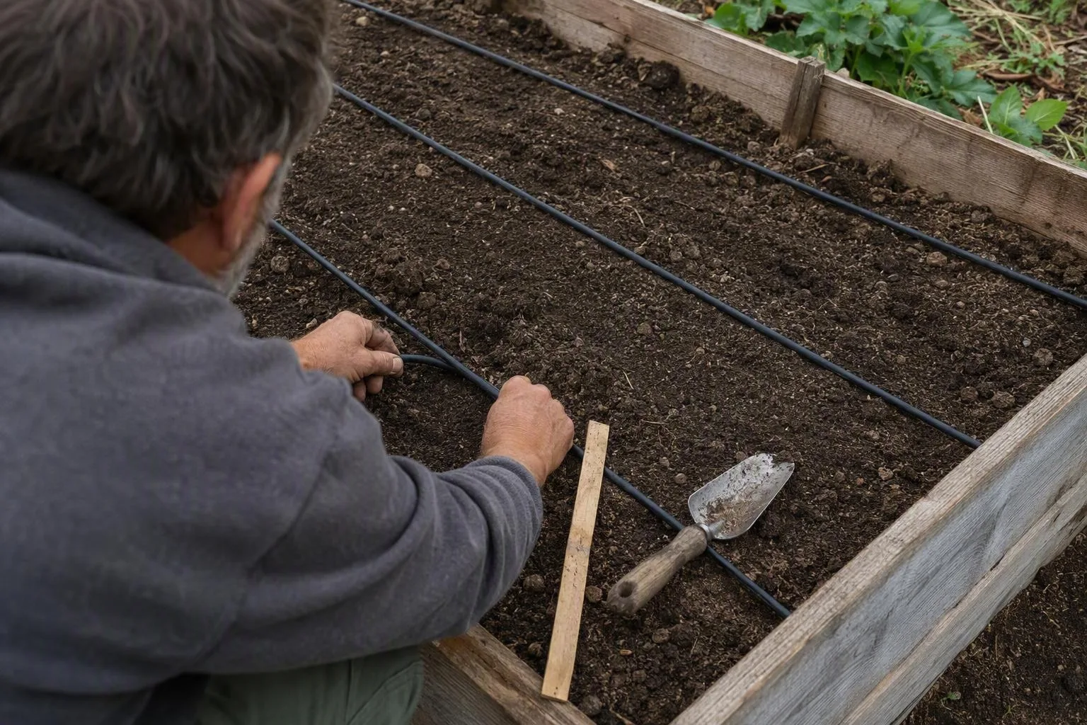 Hands lay dripline in even rows across bare soil inside an unfinished raised bed before mulching.