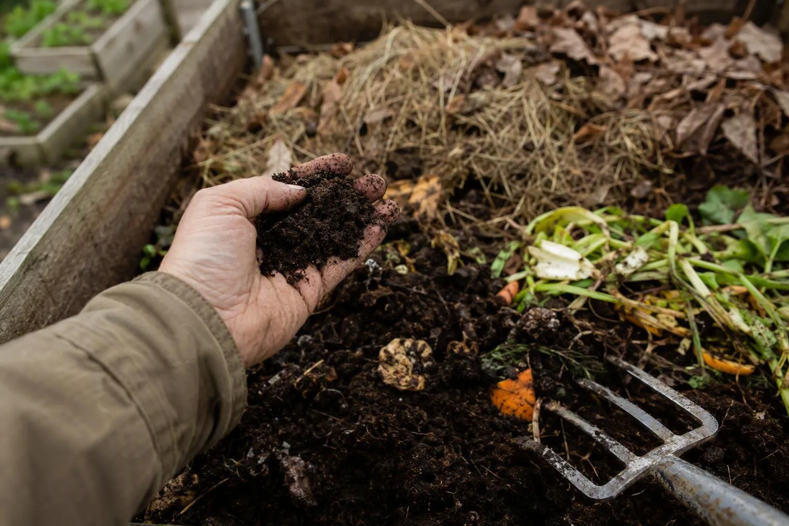 A hand crumbles moist compost above a layered pile, showing the loose texture and balance needed for healthy decomposition.